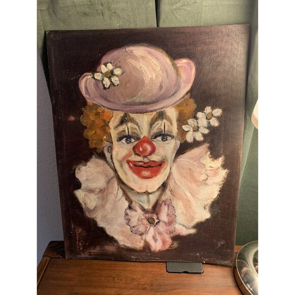 Vintage Oil On Canvas Clown Painting Artist Signed Raines? Original 14"x18" - Picture 11 of 11